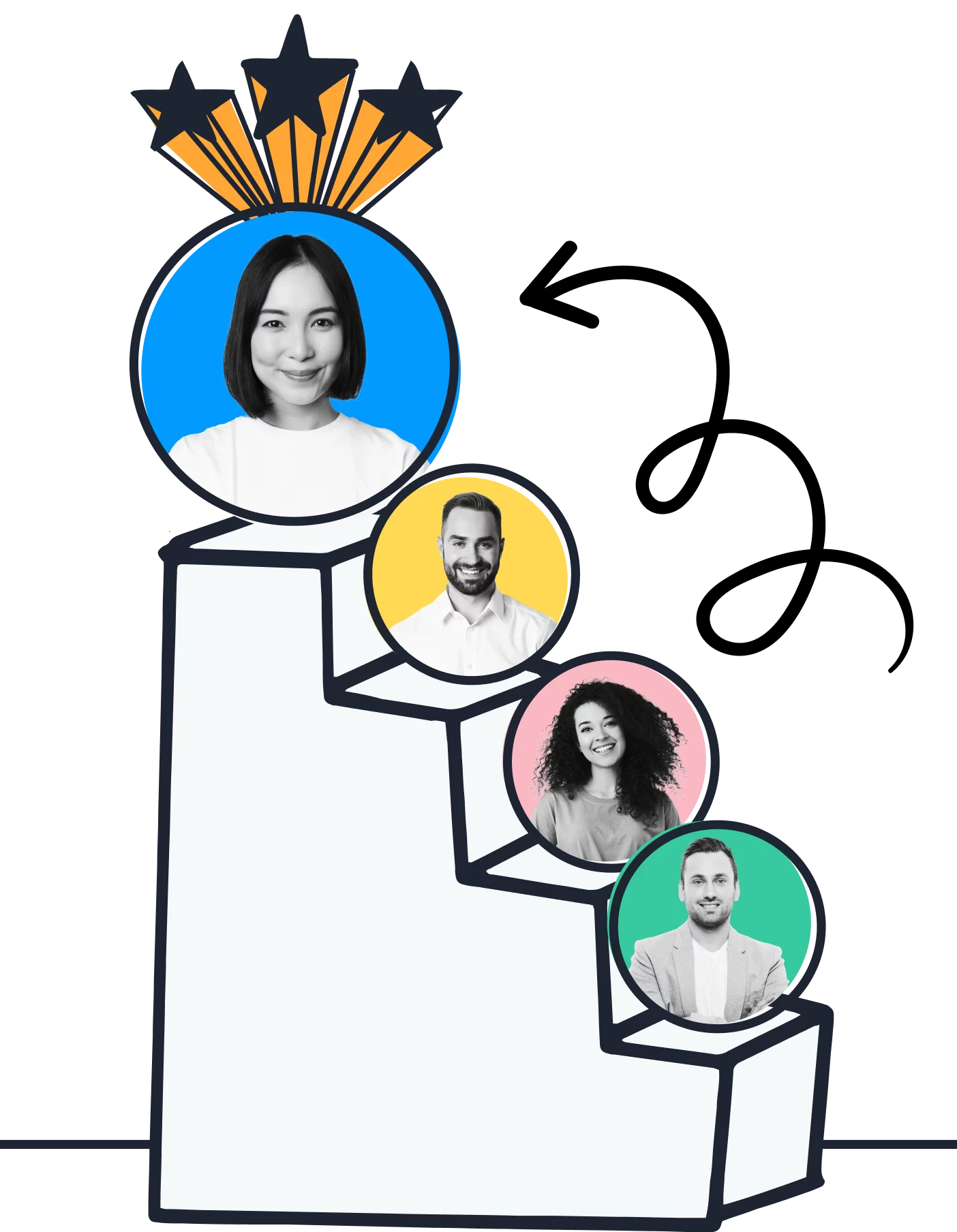 Illustrated leaders progressing up a staircase