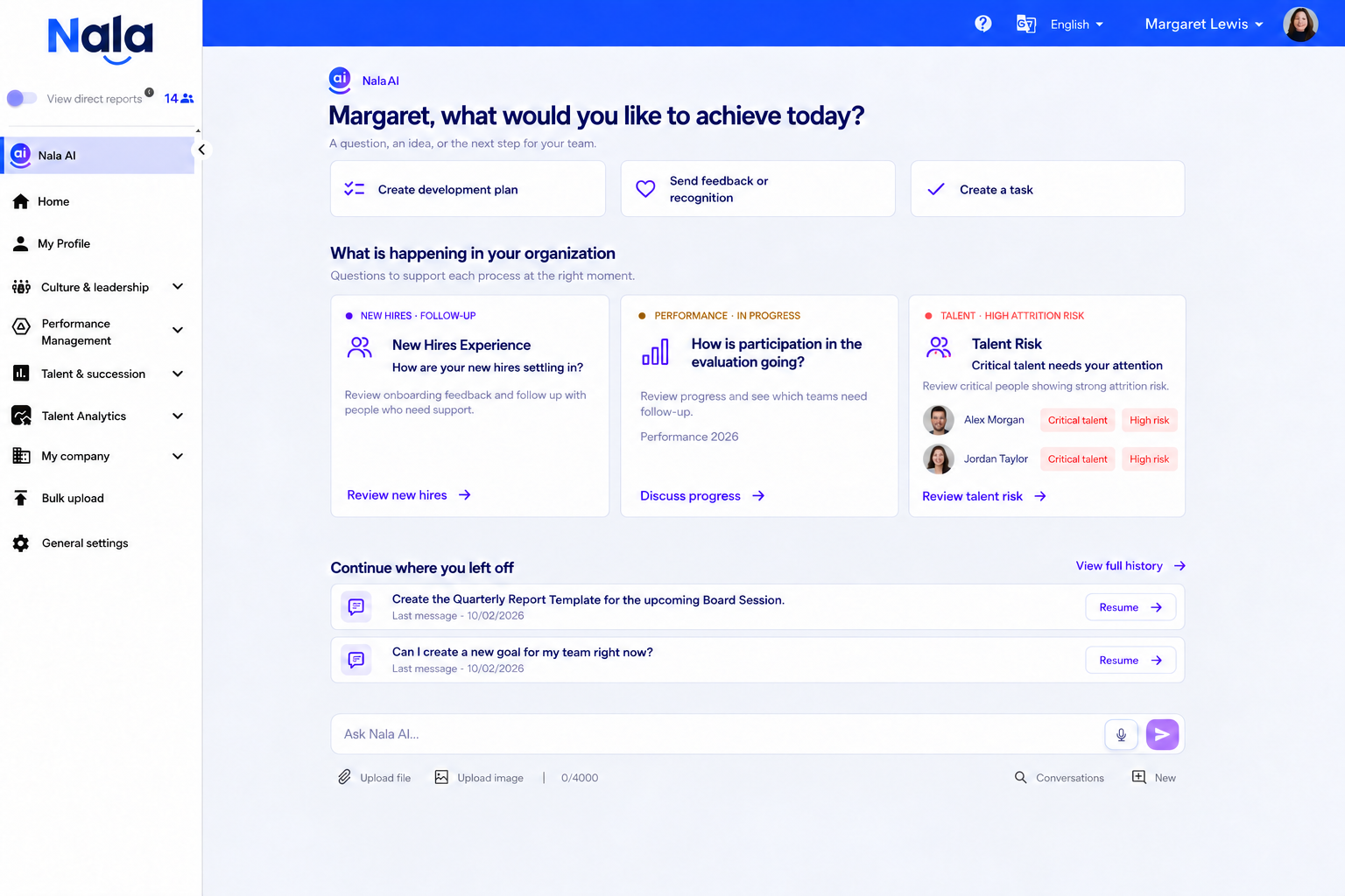 Nala AI Home with recommendations, performance, talent risk and conversations