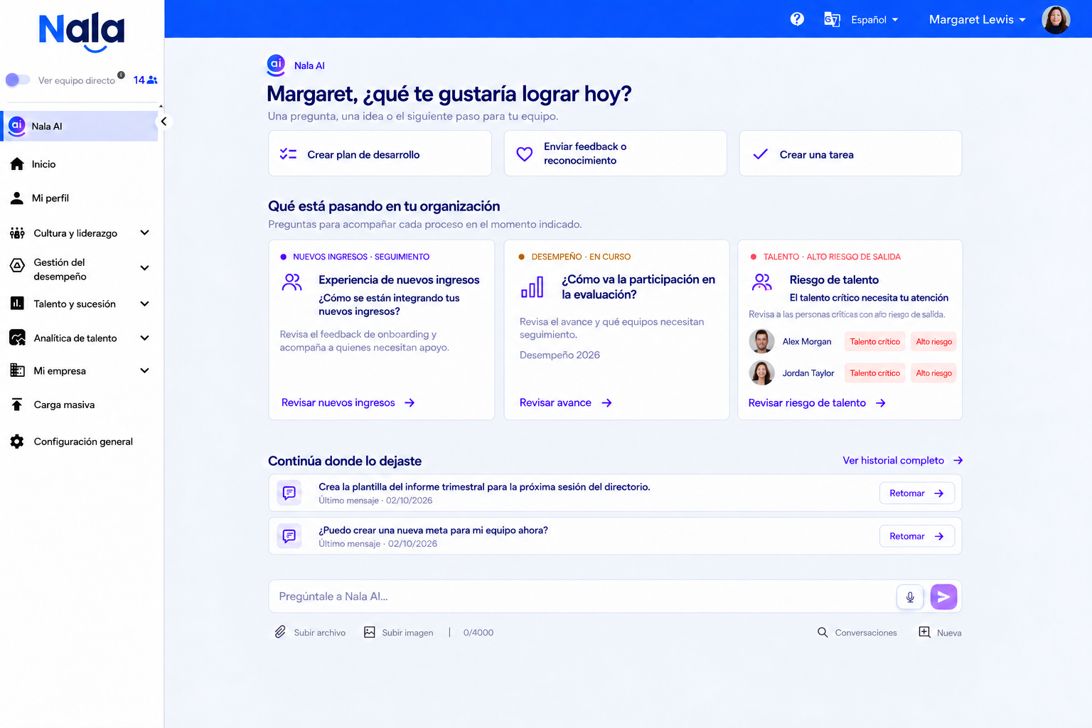 Inicio de Nala AI con recomendaciones, desempeño, riesgo de talento y conversaciones