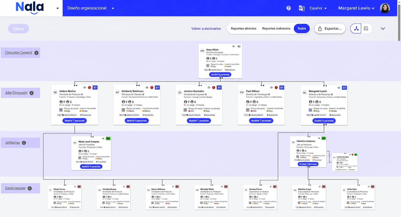 Diseño organizacional, pantalla del software Nala